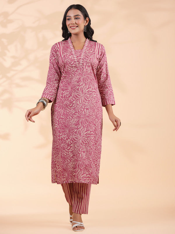 Pink Floral Print With Striped Pattern Straight Cotton Stitched Kurta With Pant