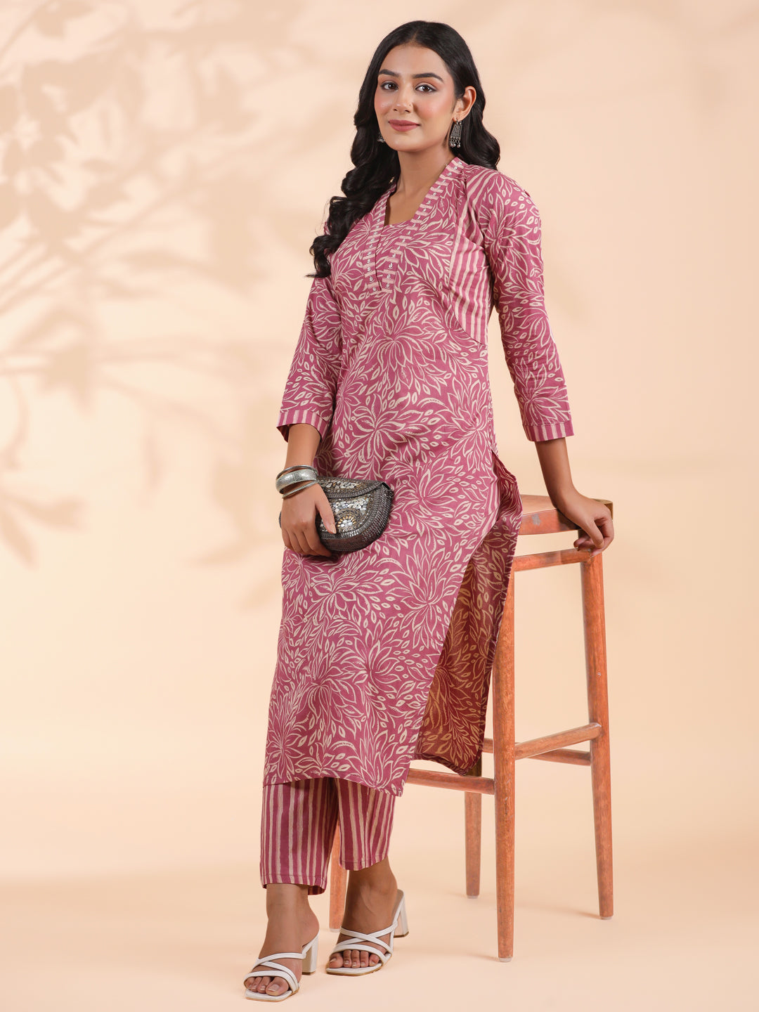 Pink Floral Print With Striped Pattern Straight Cotton Stitched Kurta With Pant