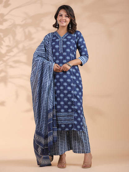 Blue Floral Print With Mirror Work Straight Cotton Stitched Kurta Set