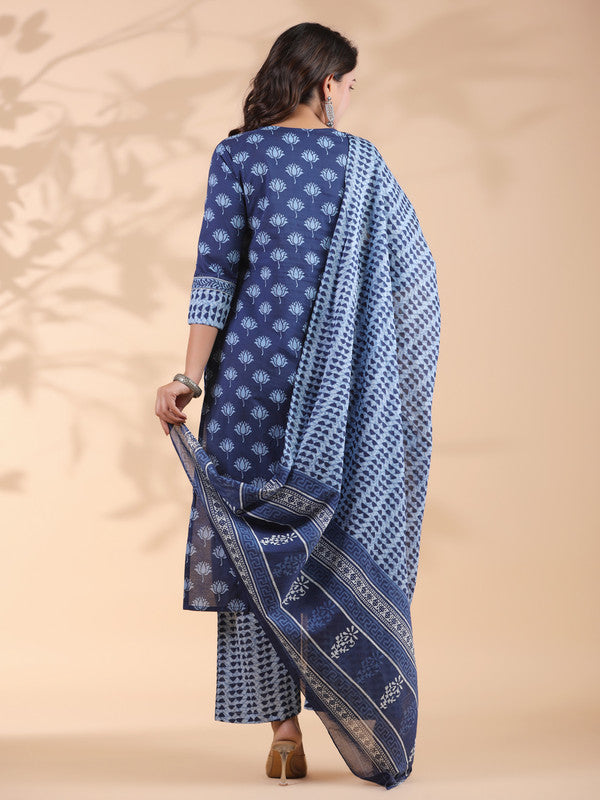 Blue Floral Print With Mirror Work Straight Cotton Stitched Kurta Set