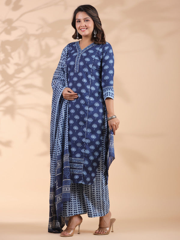 Blue Floral Print With Mirror Work Straight Cotton Stitched Kurta Set