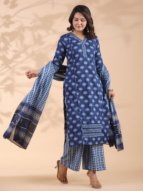 Blue Floral Print With Mirror Work Straight Cotton Stitched Kurta Set