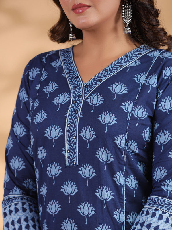 Blue Floral Print With Mirror Work Straight Cotton Stitched Kurta Set