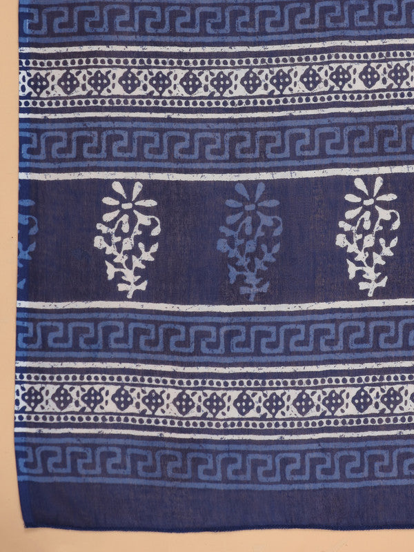 Blue Floral Print With Mirror Work Straight Cotton Stitched Kurta Set