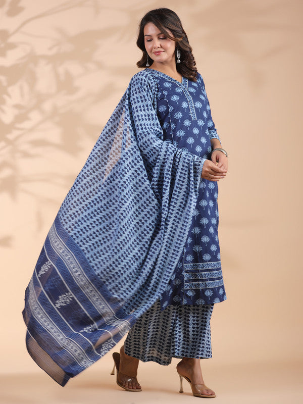 Blue Floral Print With Mirror Work Straight Cotton Stitched Kurta Set