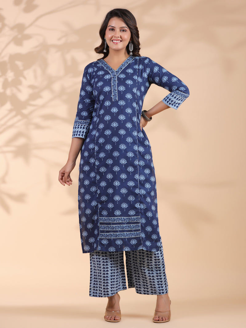 Blue Floral Print With Mirror Work Straight Cotton Stitched Kurta Set