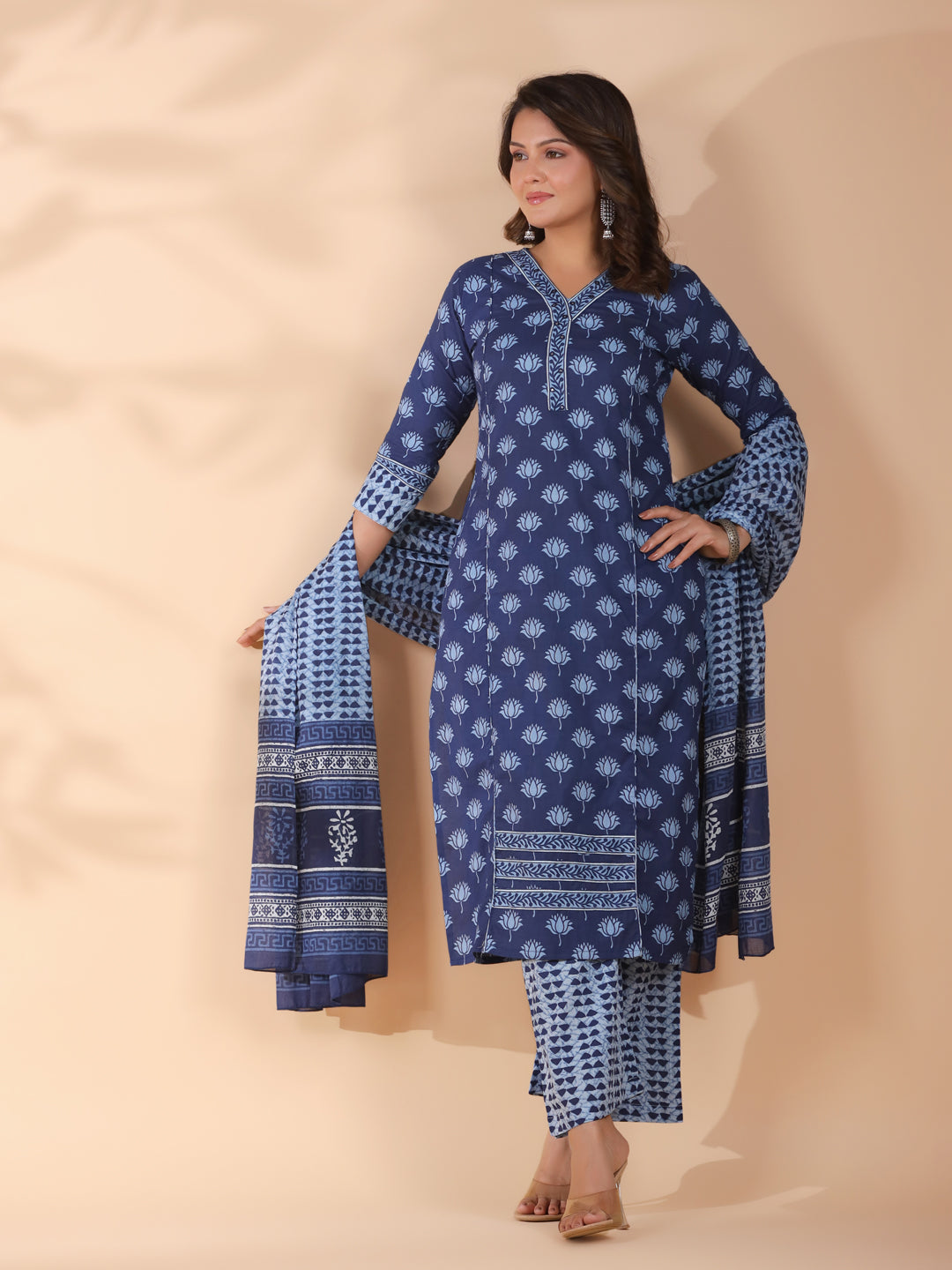 Blue Floral Print With Mirror Work Straight Cotton Stitched Kurta Set