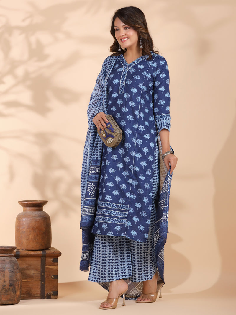 Blue Floral Print With Mirror Work Straight Cotton Stitched Kurta Set