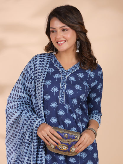 Blue Floral Print With Mirror Work Straight Cotton Stitched Kurta Set