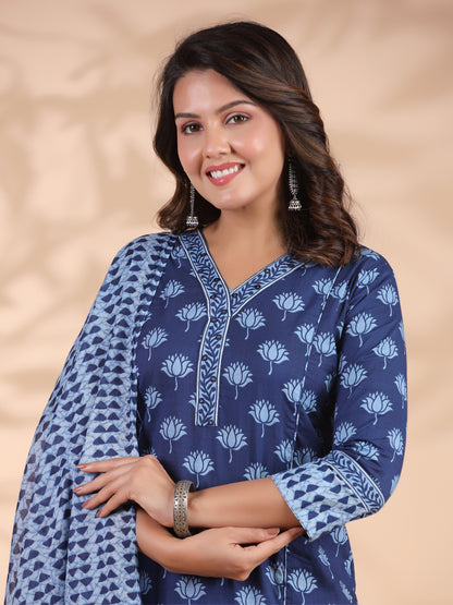 Blue Floral Print With Mirror Work Straight Cotton Stitched Kurta Set