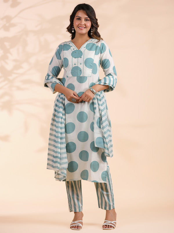 White And Aqua Polka Print & Mirror Work  Straight Cotton Stitched Kurta Set