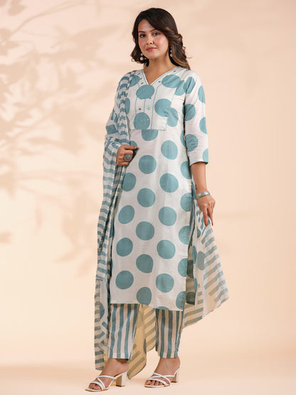 White And Aqua Polka Print & Mirror Work  Straight Cotton Stitched Kurta Set