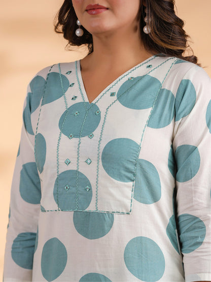 White And Aqua Polka Print & Mirror Work  Straight Cotton Stitched Kurta Set