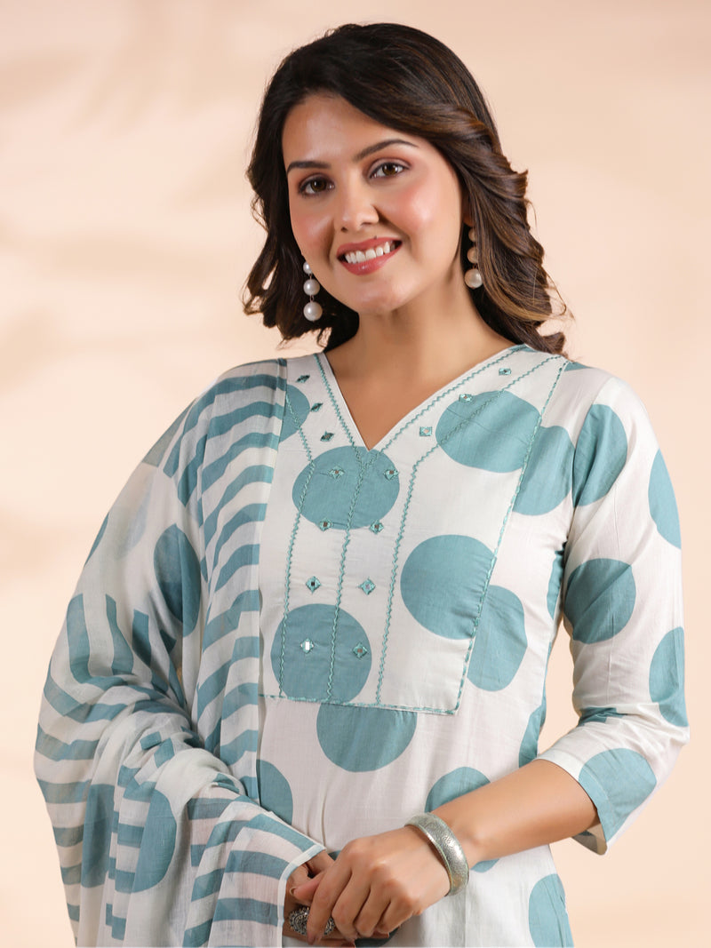 White And Aqua Polka Print & Mirror Work  Straight Cotton Stitched Kurta Set