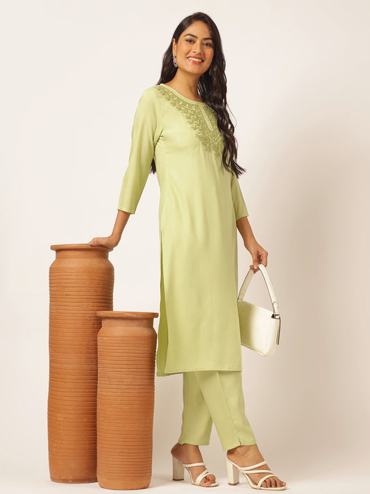 Pista Green Rayon Solid Straight Kurta Set