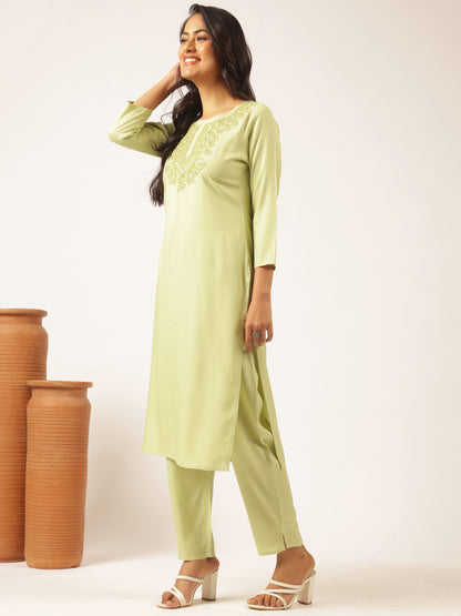 Pista Green Rayon Solid Straight Kurta Set