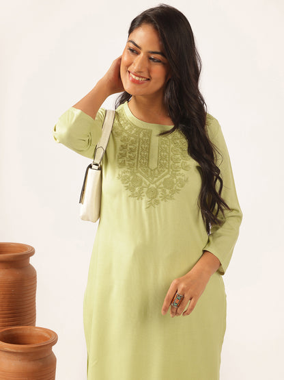 Pista Green Rayon Solid Straight Kurta Set