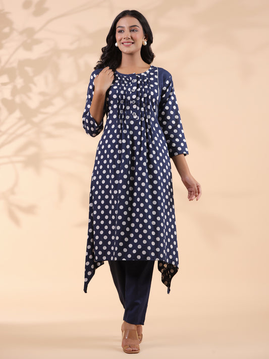 Blue Polka Dot A-Line Cotton Kurta With Pant