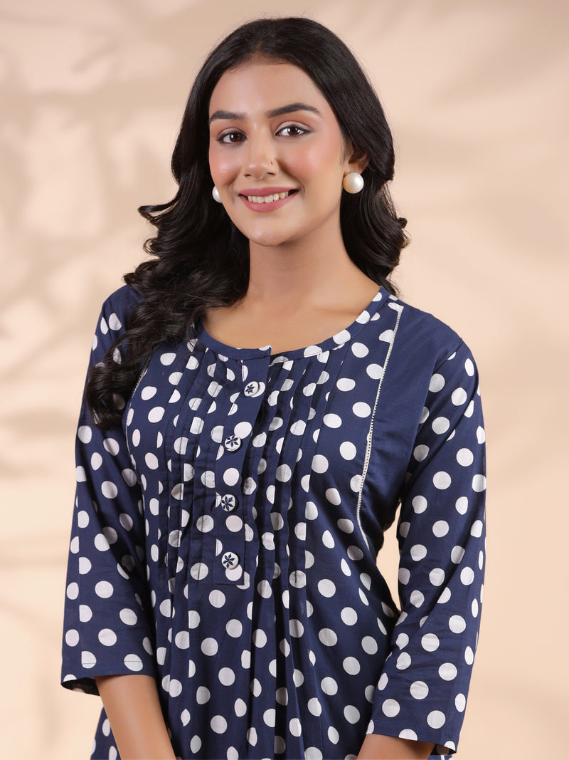 Blue Polka Dot A-Line Cotton Kurta With Pant