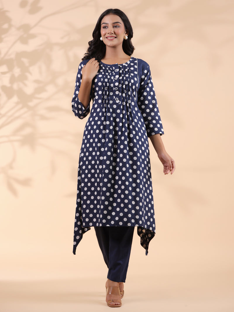 Blue Polka Dot A-Line Cotton Kurta With Pant