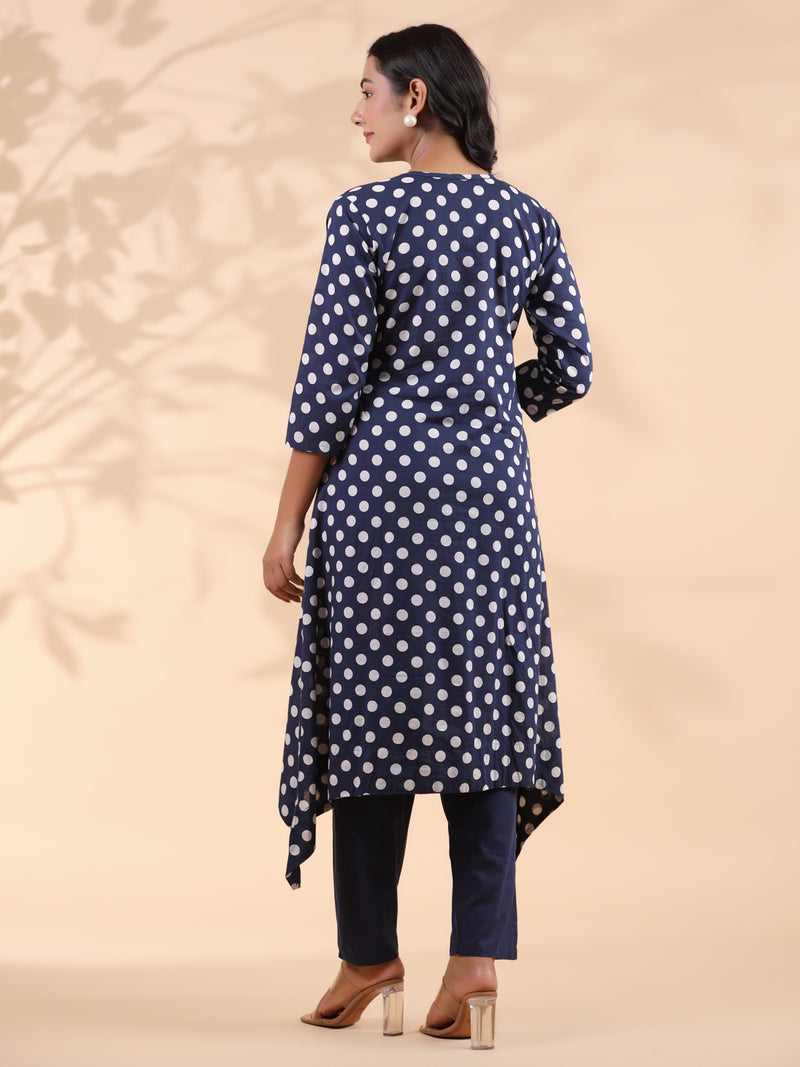 Blue Polka Dot A-Line Cotton Kurta With Pant