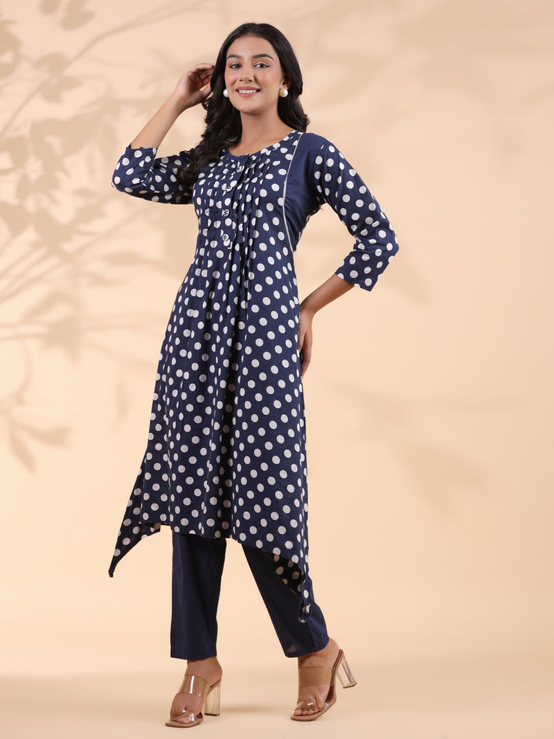 Blue Polka Dot A-Line Cotton Kurta With Pant