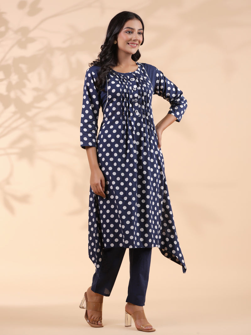 Blue Polka Dot A-Line Cotton Kurta With Pant