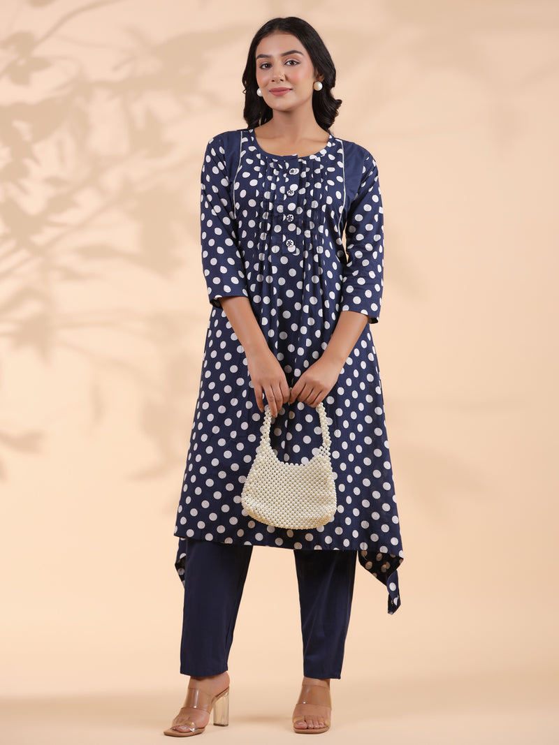 Blue Polka Dot A-Line Cotton Kurta With Pant