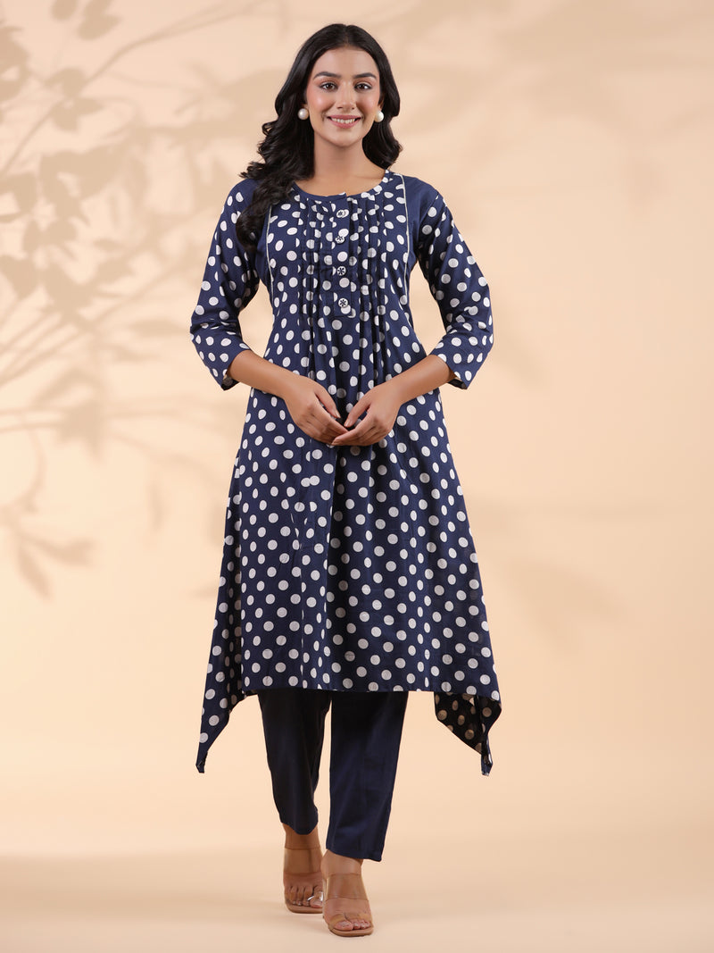 Blue Polka Dot A-Line Cotton Kurta With Pant