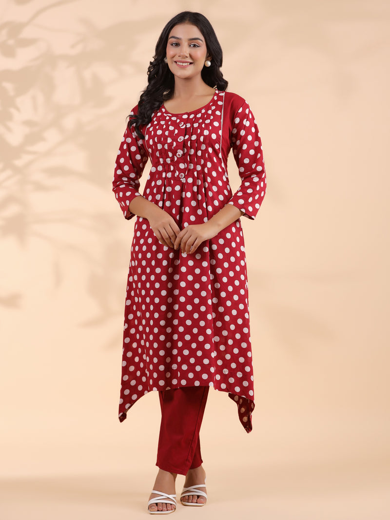 Maroon Polka Dot A-Line Cotton Kurta With Pant