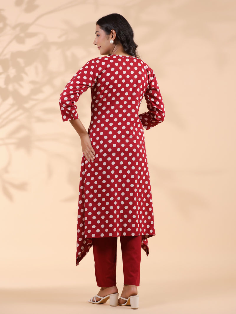 Maroon Polka Dot A-Line Cotton Kurta With Pant