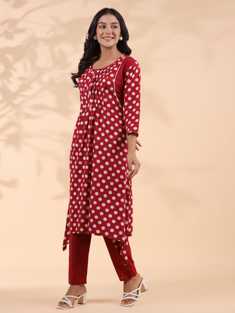 Maroon Polka Dot A-Line Cotton Kurta With Pant