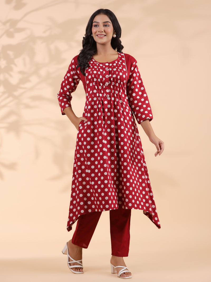 Maroon Polka Dot A-Line Cotton Kurta With Pant