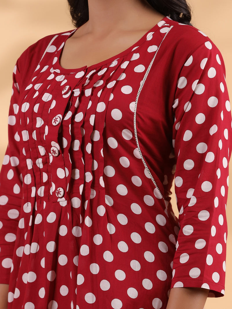 Maroon Polka Dot A-Line Cotton Kurta With Pant