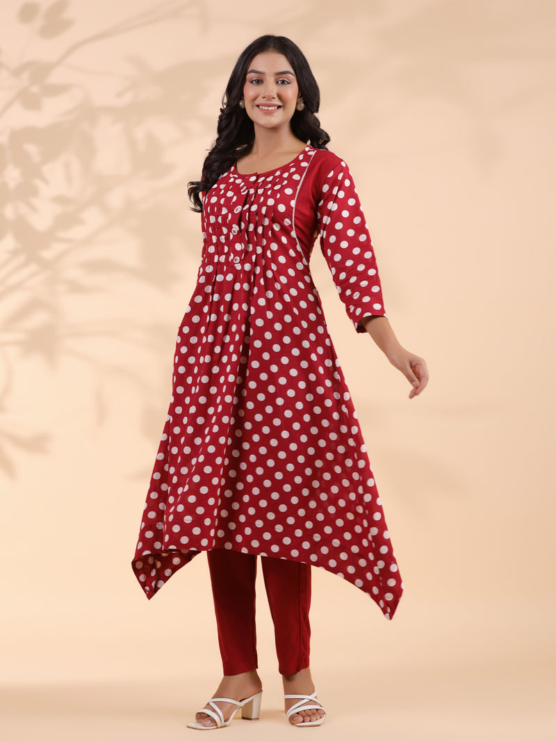 Maroon Polka Dot A-Line Cotton Kurta With Pant