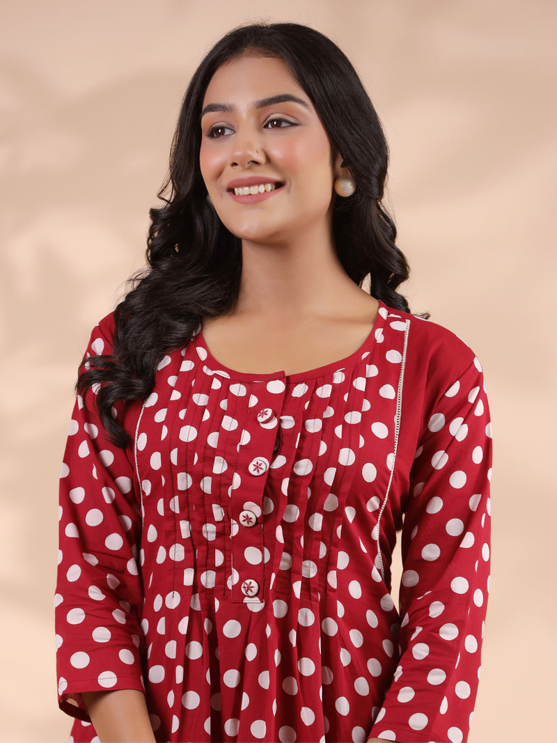 Maroon Polka Dot A-Line Cotton Kurta With Pant