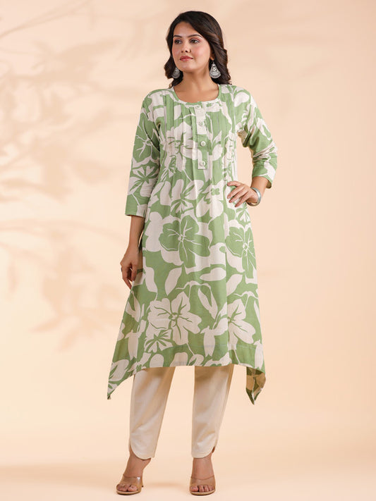 Pista Green Floral Print A-Line Cotton Stitched Kurta With Pant