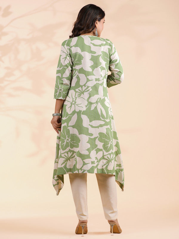 Pista Green Floral Print A-Line Cotton Stitched Kurta With Pant