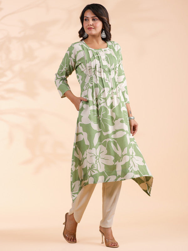 Pista Green Floral Print A-Line Cotton Stitched Kurta With Pant