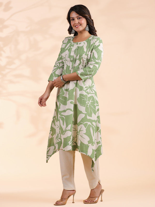 Pista Green Floral Print A-Line Cotton Stitched Kurta With Pant