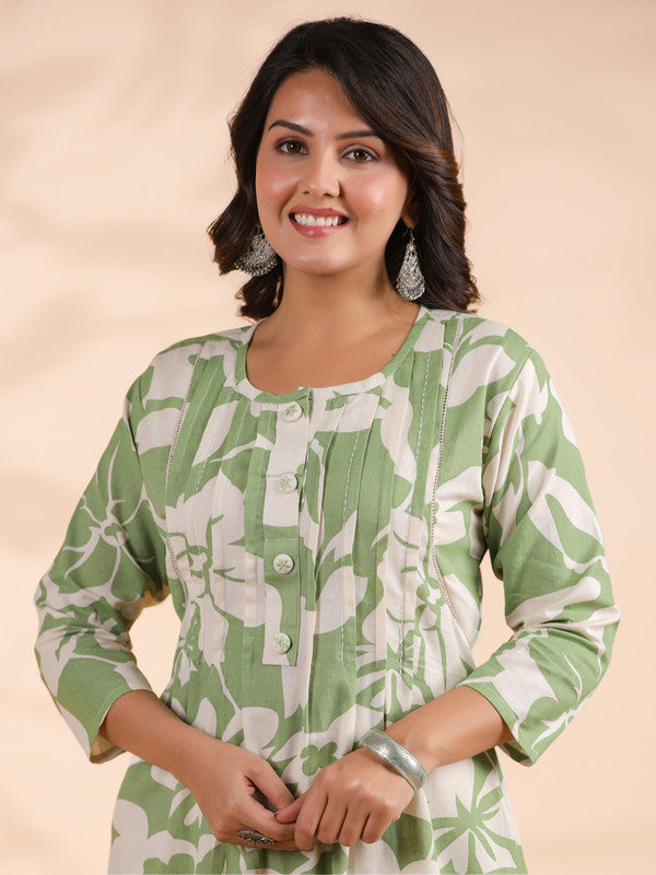 Pista Green Floral Print A-Line Cotton Stitched Kurta With Pant