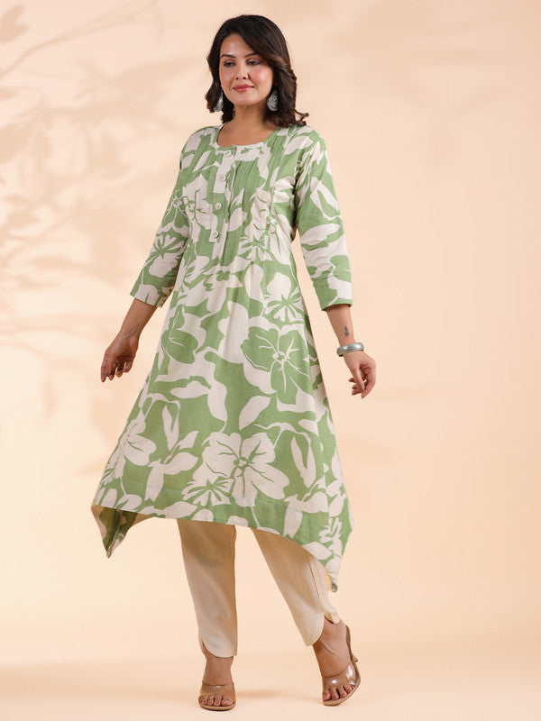 Pista Green Floral Print A-Line Cotton Stitched Kurta With Pant