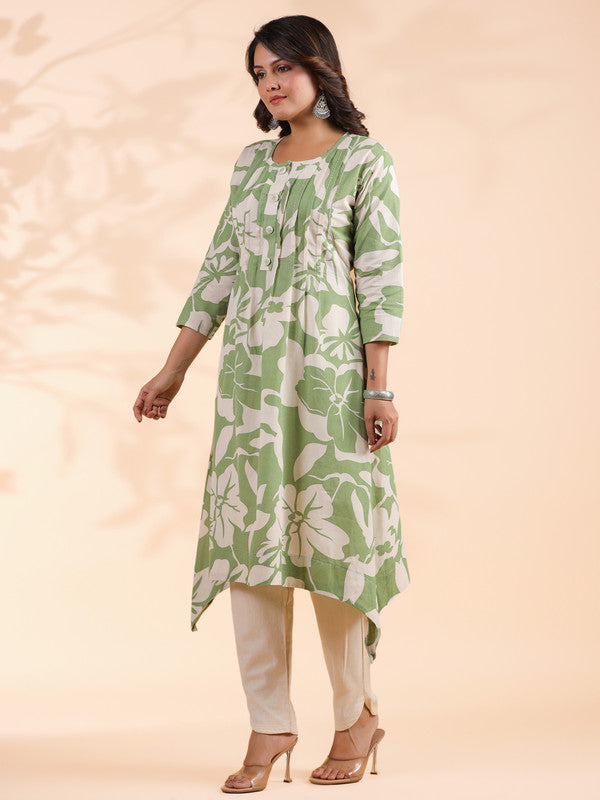 Pista Green Floral Print A-Line Cotton Stitched Kurta With Pant