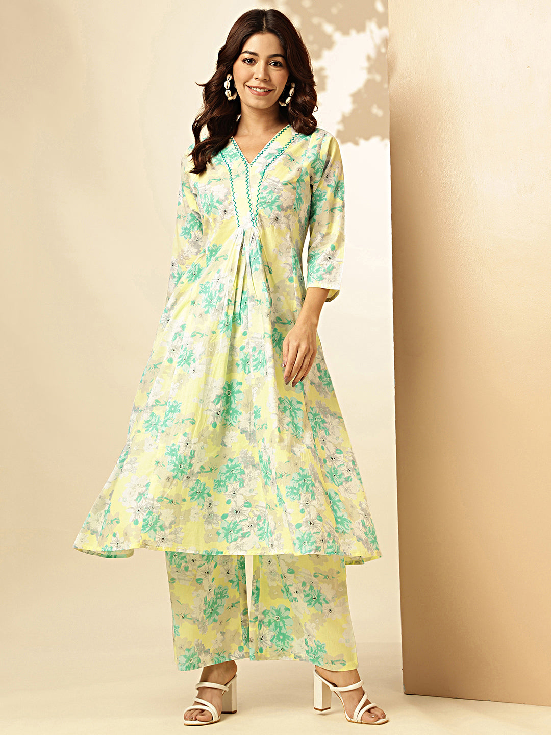 Aqua Blue Floral Printed Fit And Flare Cotton Stitched Kurta With Palazzo