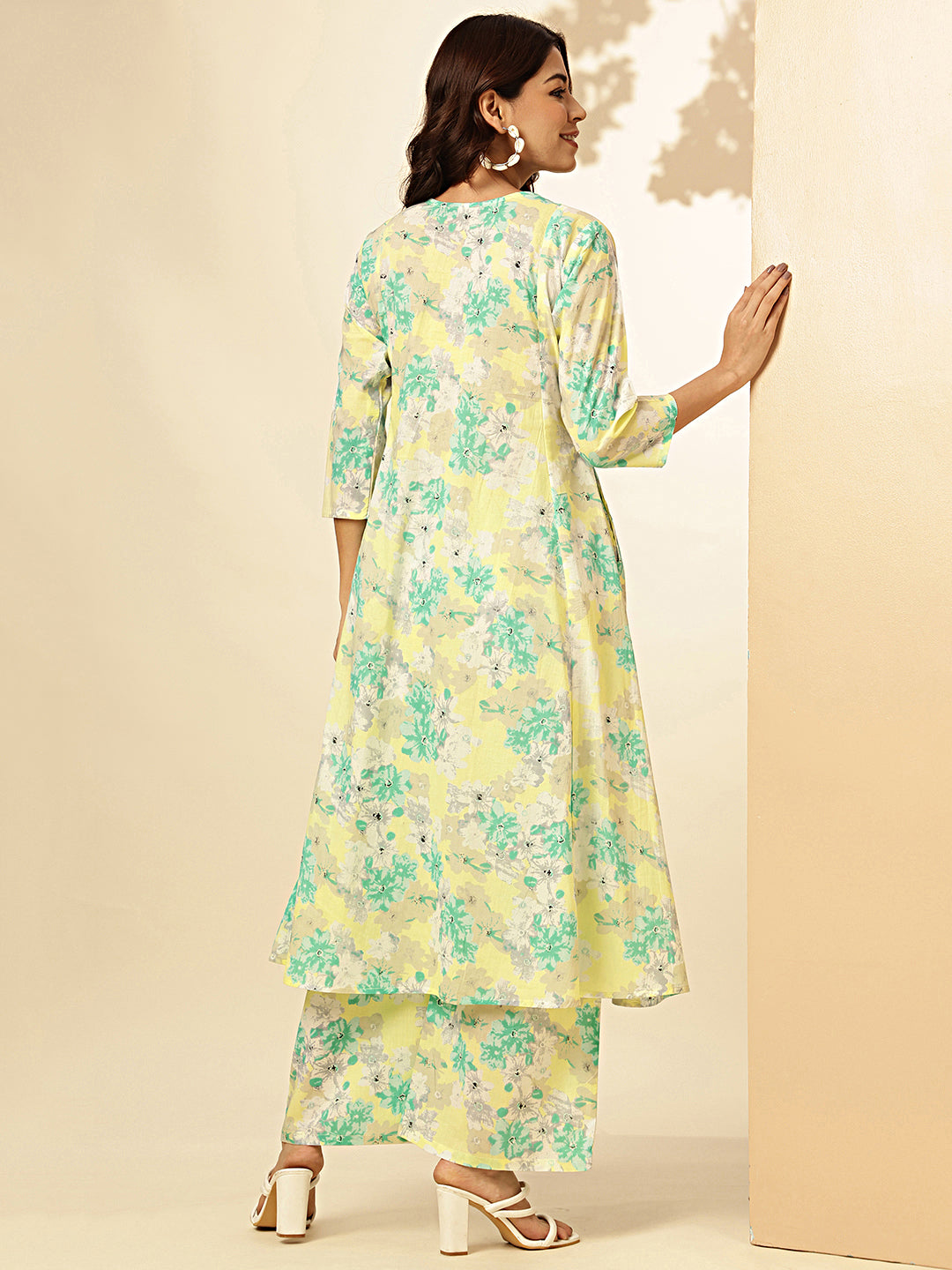 Aqua Blue Floral Printed Fit And Flare Cotton Stitched Kurta With Palazzo