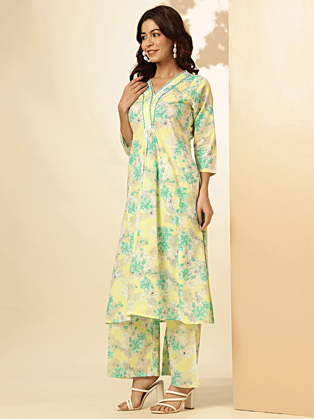 Aqua Blue Floral Printed Fit And Flare Cotton Stitched Kurta With Palazzo