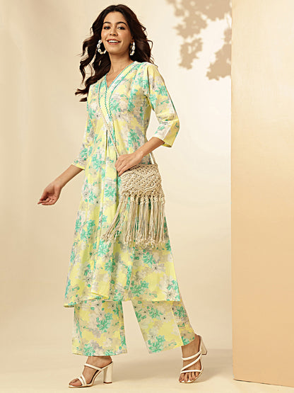 Aqua Blue Floral Printed Fit And Flare Cotton Stitched Kurta With Palazzo