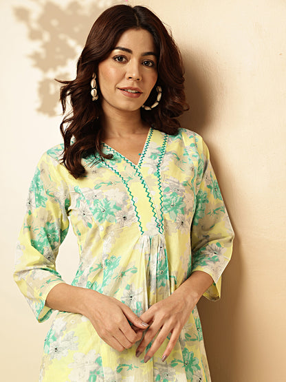 Aqua Blue Floral Printed Fit And Flare Cotton Stitched Kurta With Palazzo