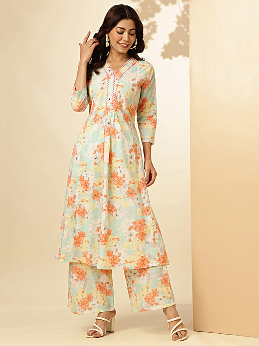 Orange Floral Printed Fit And Flare Cotton Stitched Kurta With Palazzo