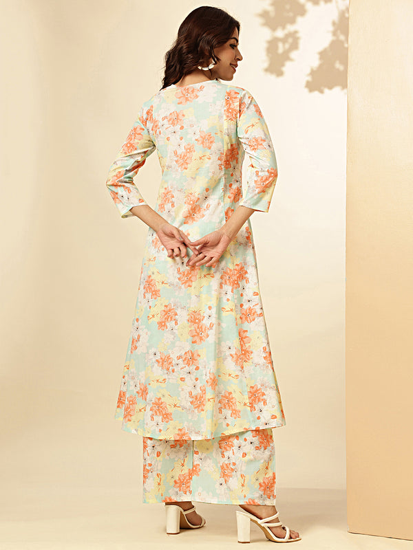 Floral Print & Thread Work Fit And Flare Cotton Orange Stiched Kurta With Palazzo